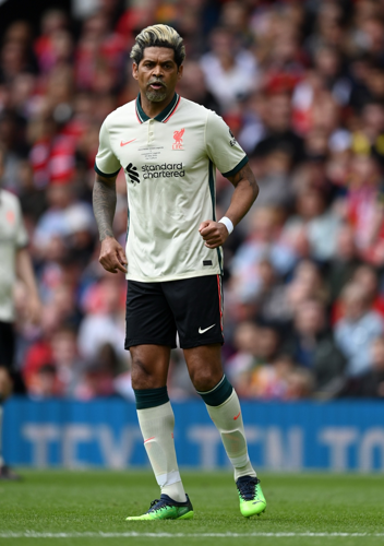 Abel Xavier of Liverpool during the Legends of the North match between Manchester United and Liverpool at Old Trafford on May 21, 2022 in Manchester, England. (Photo by Gareth Copley/Getty Images)